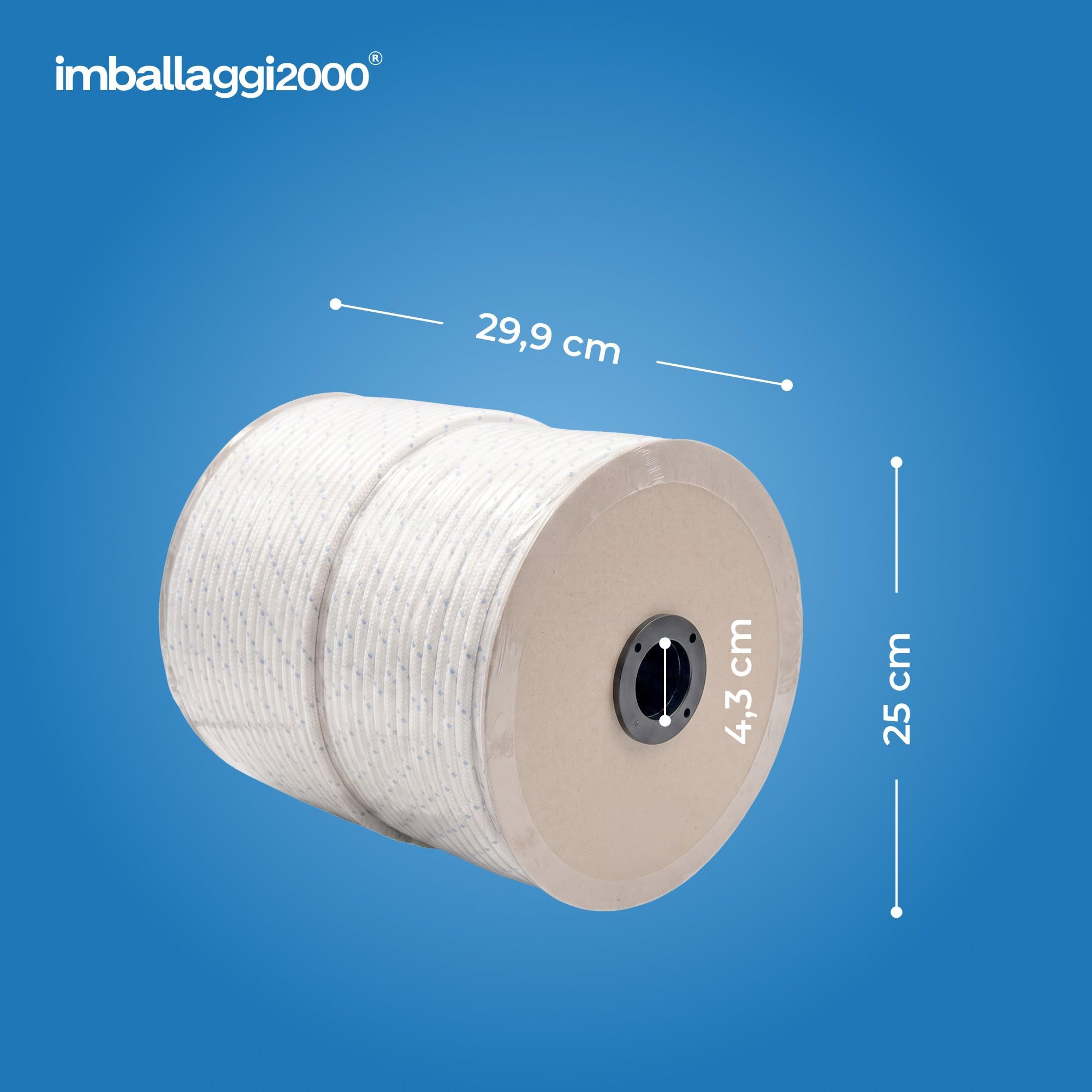 IMBALLAGGI 2000 - Corda Treccia Mare 8mm Bianca con Spia Blu - Intera Bobina 200 Metri - Stabilizzata UV, Resistente Intemperie e Agenti Atmosferici