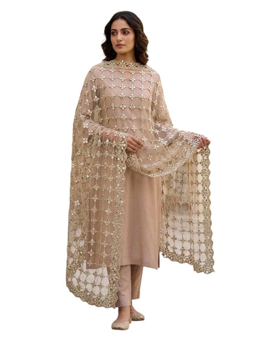 Mirror Work Dupatta for Girls, Beige, Net, 2.25 Metre, Floral Embroidered, Navratri Special-image-34