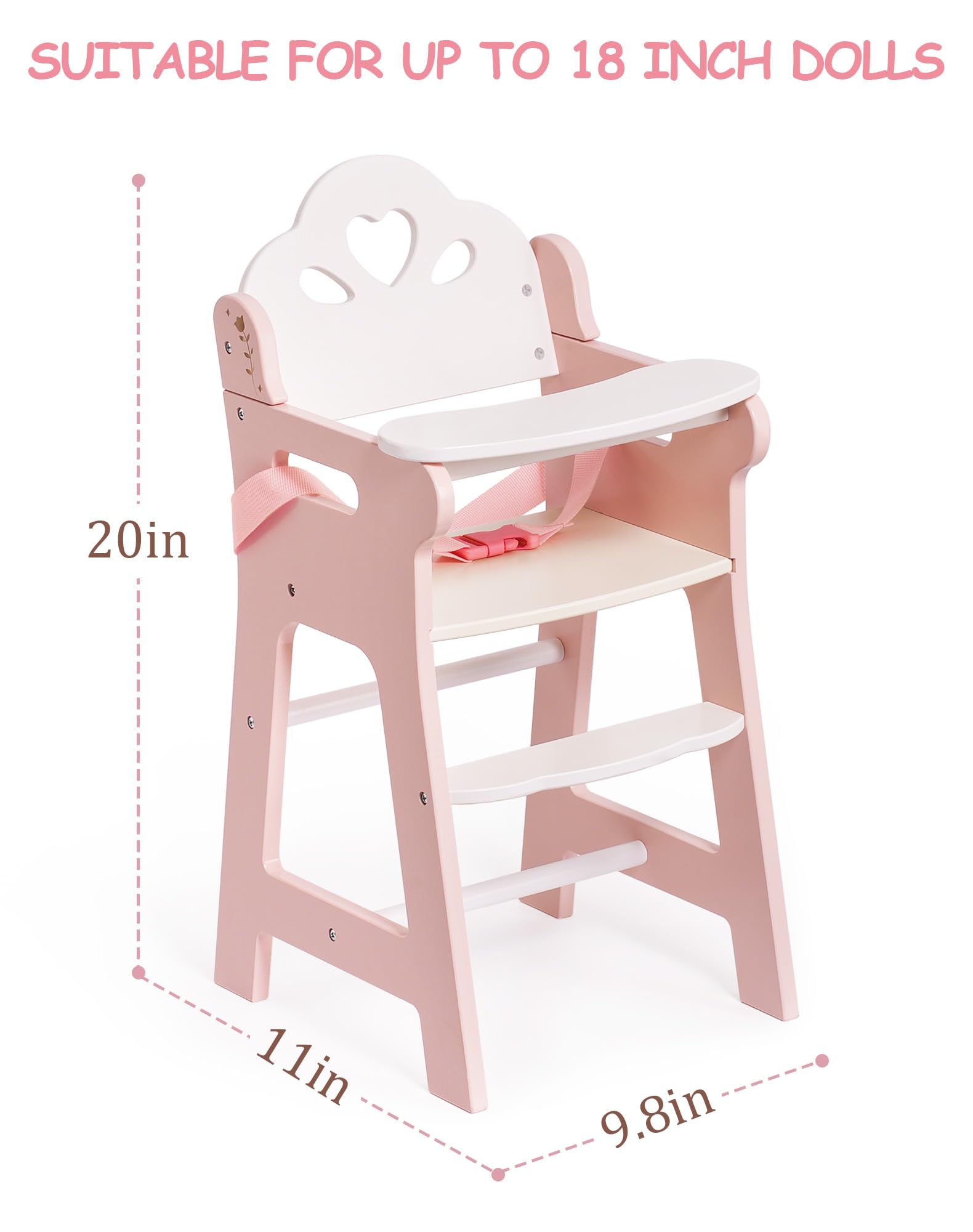 ROBUD Wooden Baby Doll High Chair, Toddler Pretend Play Doll Furniture with Adjustable Seat Belt, Movable Tabletop & Footrest - Image 3