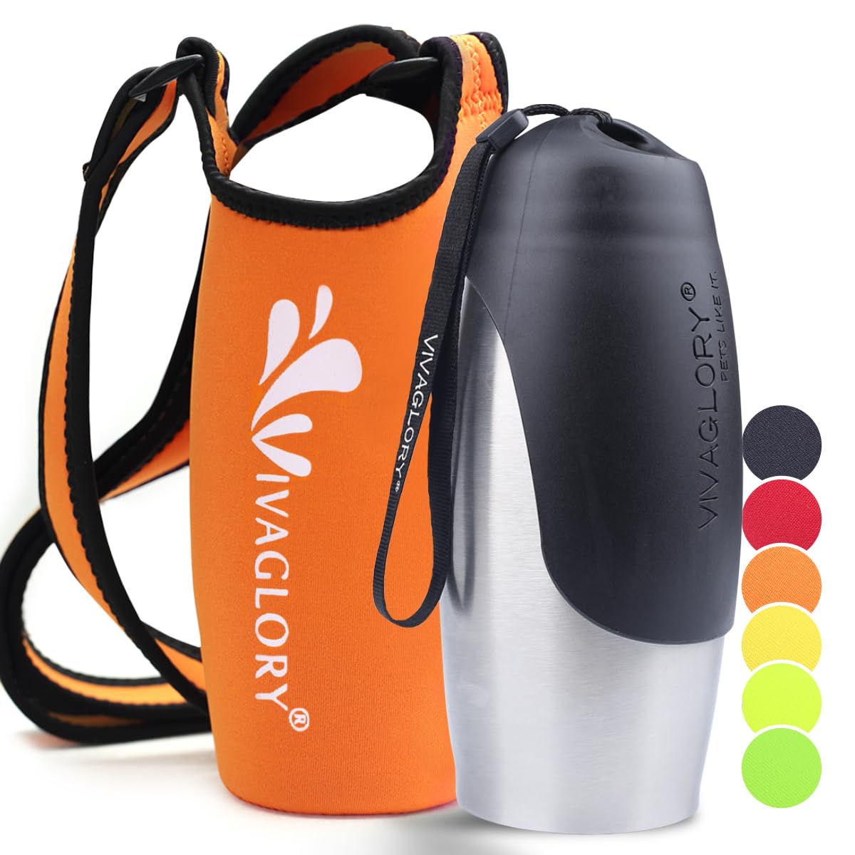 VIVAGLORY hundetrinkflasche & wasserflaschenhalter mit Schultergurt-Kombi, Hunde Trinkflasche & Wasserflaschenhalter für Unterwegs, Trinkflasche Edelstahl mit Wasserflaschenträger