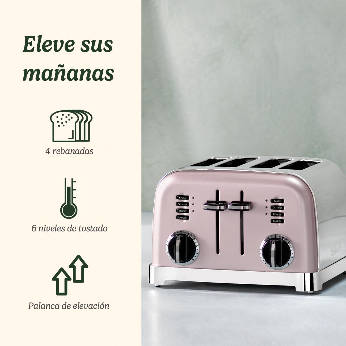 Cuisinart CPT180PIE Tostadora de 4 Ranuras Anchas para Todo Tipo de Pan, 6 Niveles de Tostado, 1800W, Función Bagel, Descongelar y Recalentar, Rejilla de Centrado Automático, Palanca de Elevación
