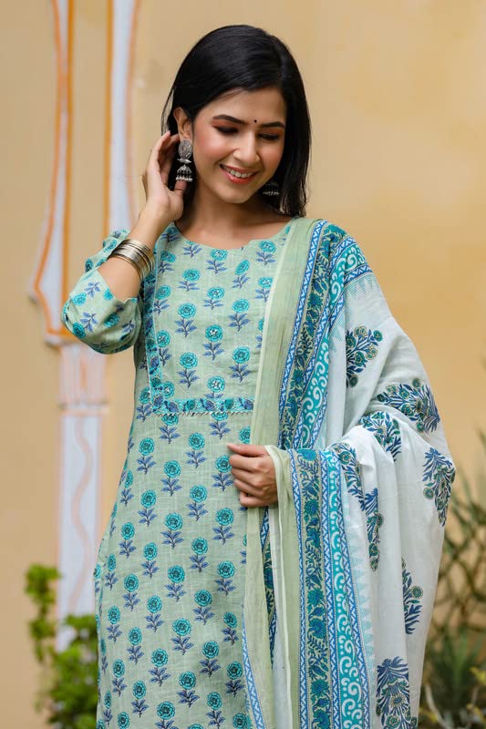 Image of Vaamsi Women's Cotton Blend Printed Kurta Palazzo Dupatta Set (VKSKD1020E 3XL Green)