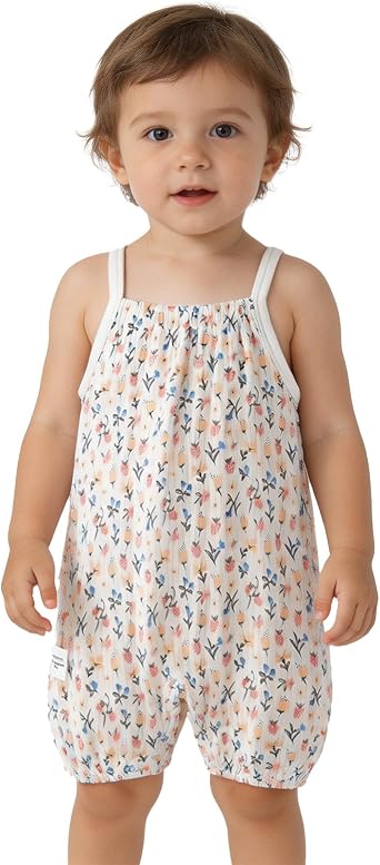 dPois Newborn Suspender Pants Overalls Boho Jumpsuit Floral Bodysuit One Piece Outfit Smocked Romper Stretchy