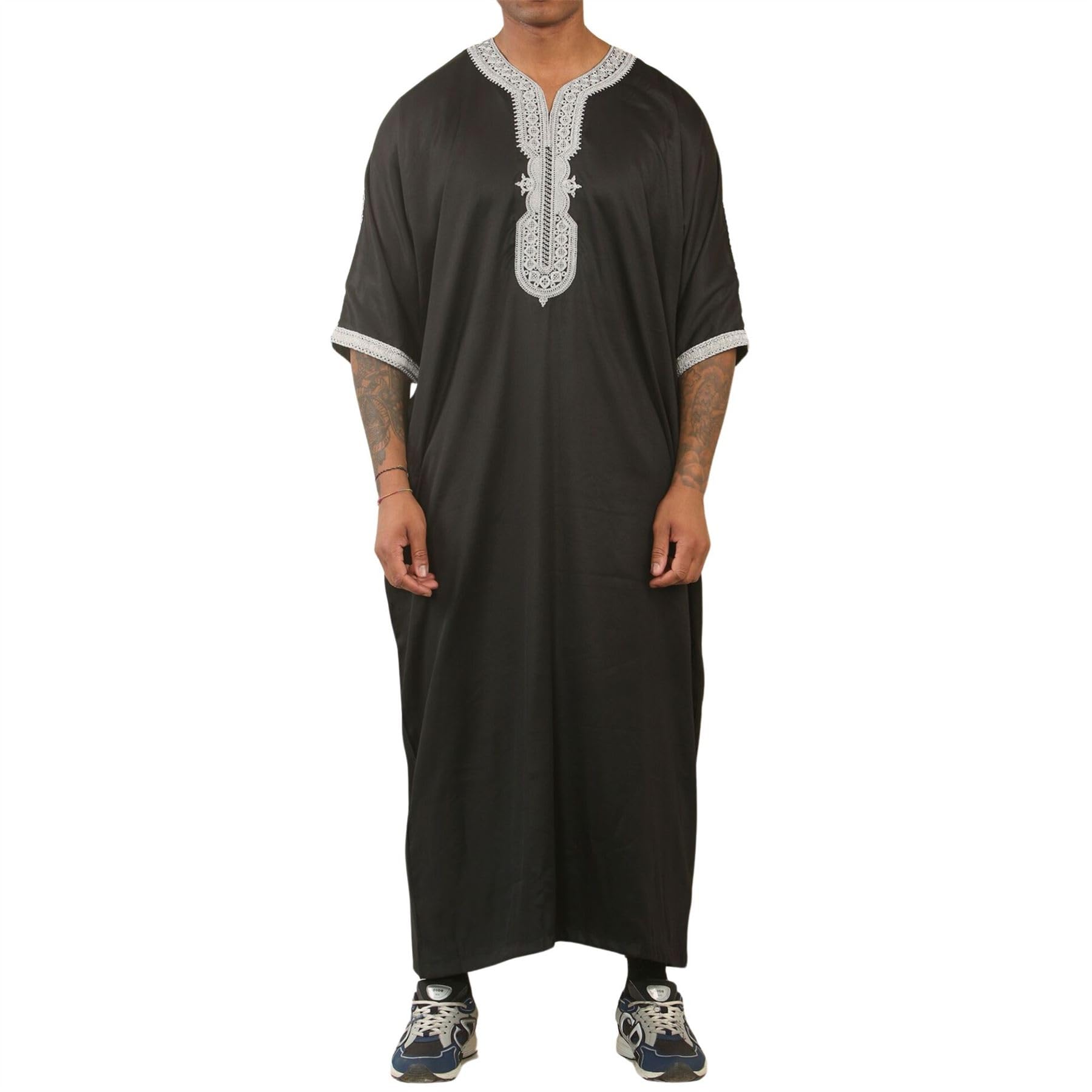 Thobez Men's Black Hm62 - Moroccan Thobe Short Sleeve Embroidery Gandoura - 58