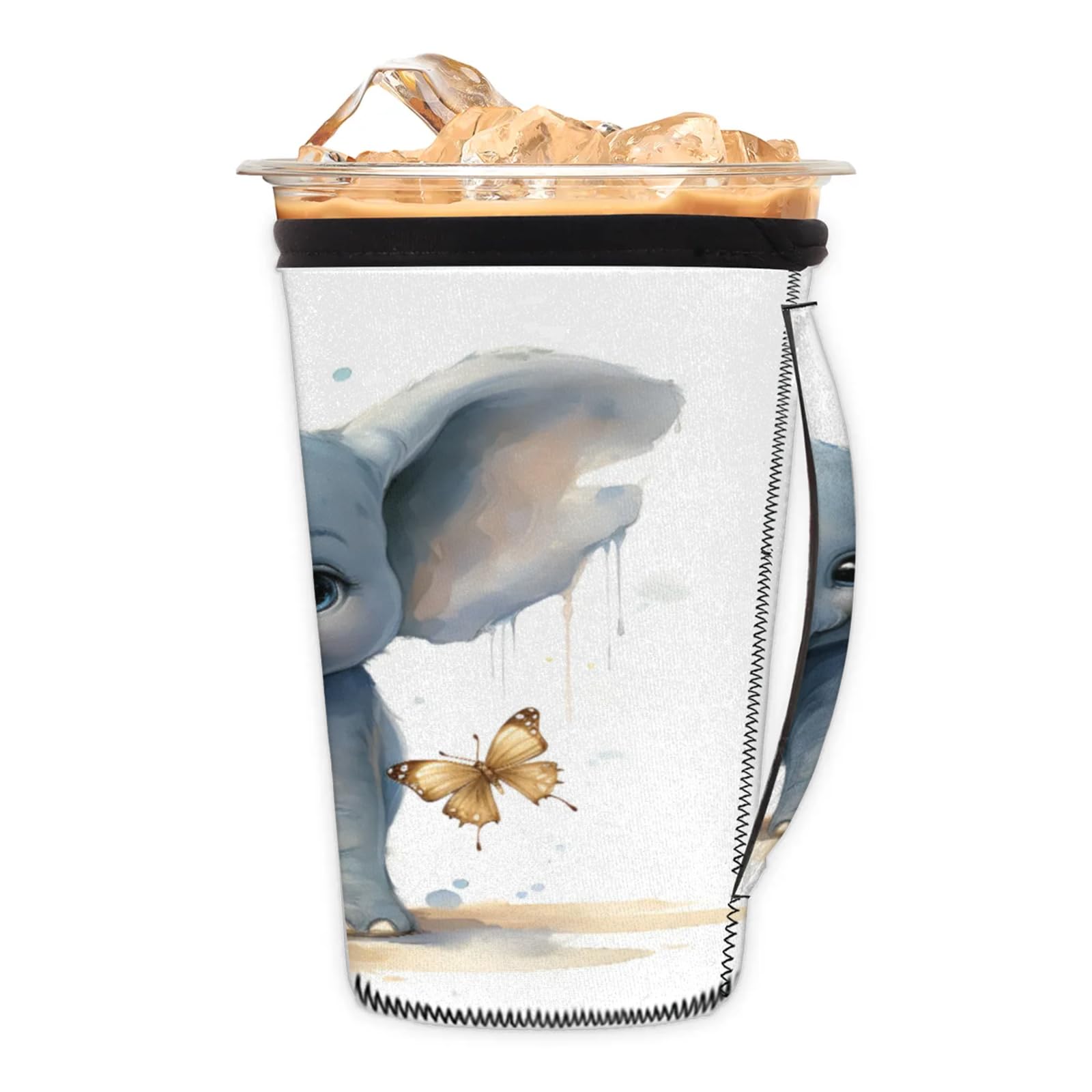 Elephant Butterfly Reusable Neoprene Coffee Sleeve with Handle Insulated Iced Coffee Cup Holder Reduces Condensation Fits 24-28 oz Cups M