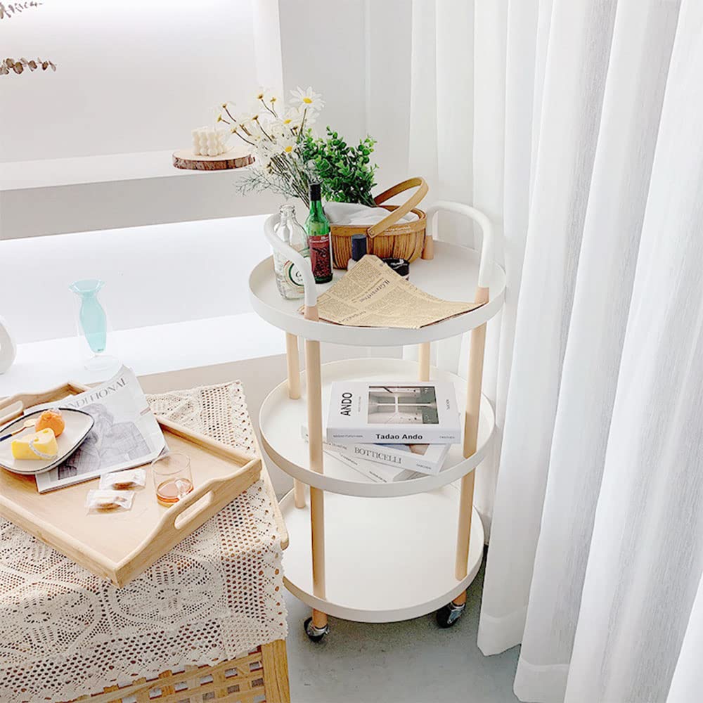 Mobile Rolling Utility Cart, Multifunction Storage Trolley with Wood Frames Plastic Serving Tray with Wheels Movable Organizer Shelves Racks with Handle for Kitchen Living Room (White, Round-3Layer)