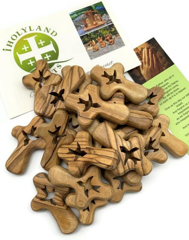 Holy Spirit Dove Cross, Set of 10 Olive Wood Small Pocket Cross from the Holy Land, Confirmation Cross for Boys and Girls, Religious Confirmation Gift, Small Wooden Prayer Crosses