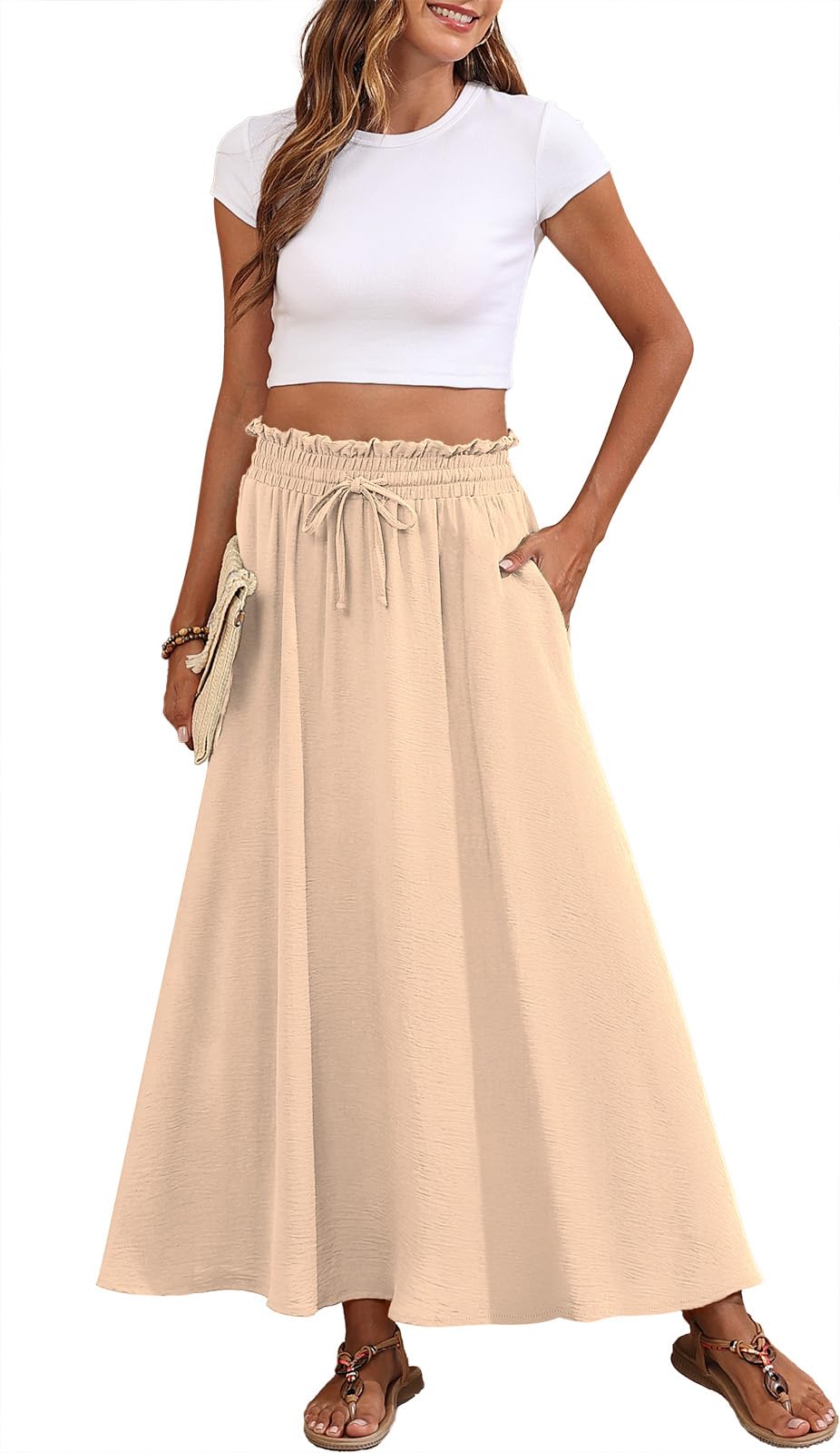 Askyes Womens Maxi Skirt Summer Tie Knot Elastic High Waisted Boho Casual Beach Flowy Swing Long Skirts with Pockets