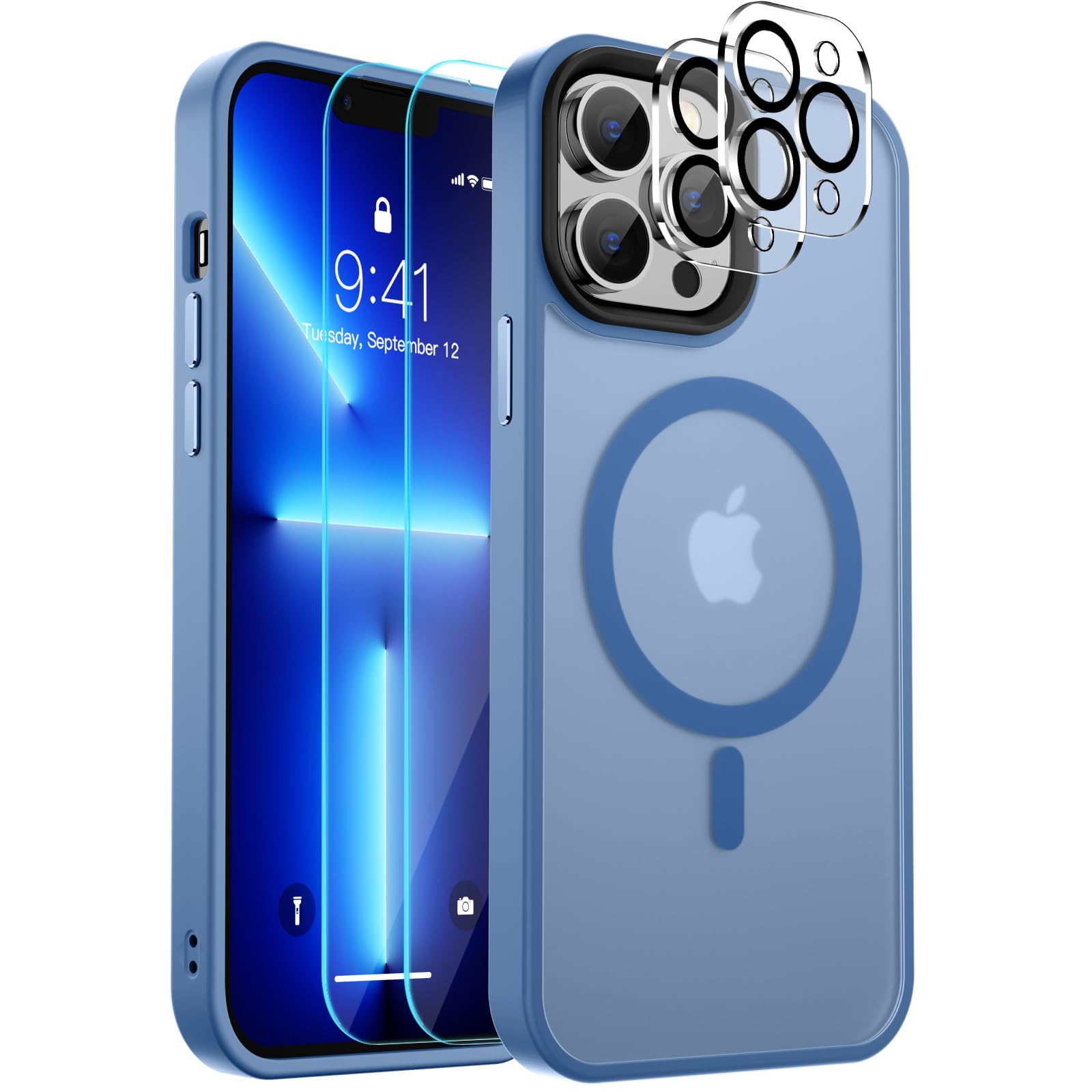 SUPFINE Magnetic for iPhone 13 Pro Max Case, [Compatible with MagSafe] [10 FT Military Grade Drop Protection] 2X [ Tempered Glass Screen Protector+Camera Lens Protector] Slim Phone Case,Sky Blue