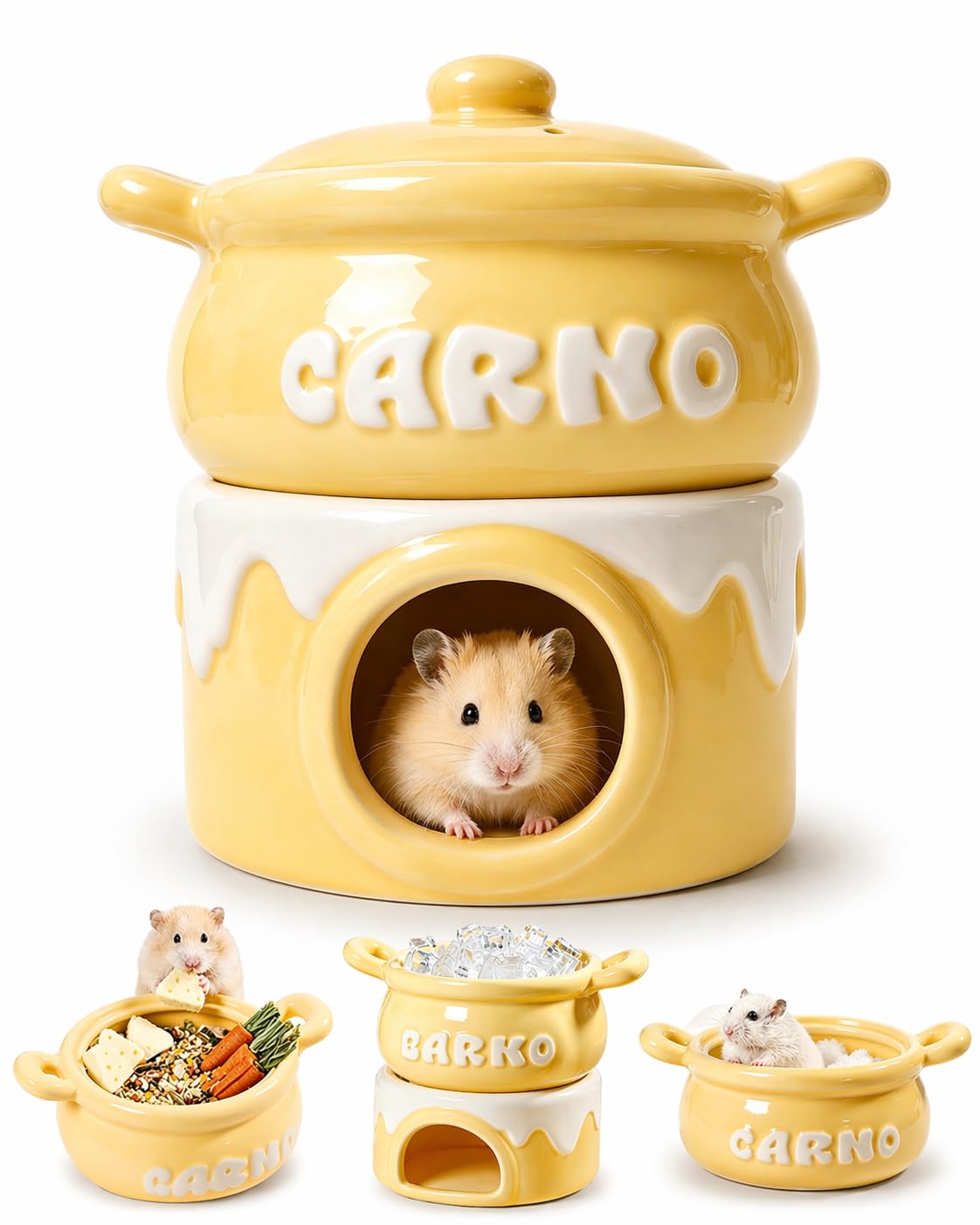 Meow&Woof Ceramiczna kryjówka i miska dla chomika – chłodzący domek dla zwierząt domowych, miska na jedzenie, kąpiel piaskowa, idealna dla chomika syryjskiego, chomika karłowatego, myszoskoczka