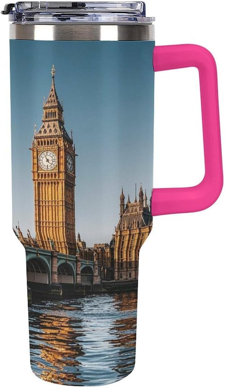 Big Ben And Houses of Parliament Riverside Travel Coffee Mug Reusable Durable Stainless Steel Insulated Tumbler with Handle And Straw Leak Resistant Portable Thermal Cup Gifts for Men Women 40 Oz