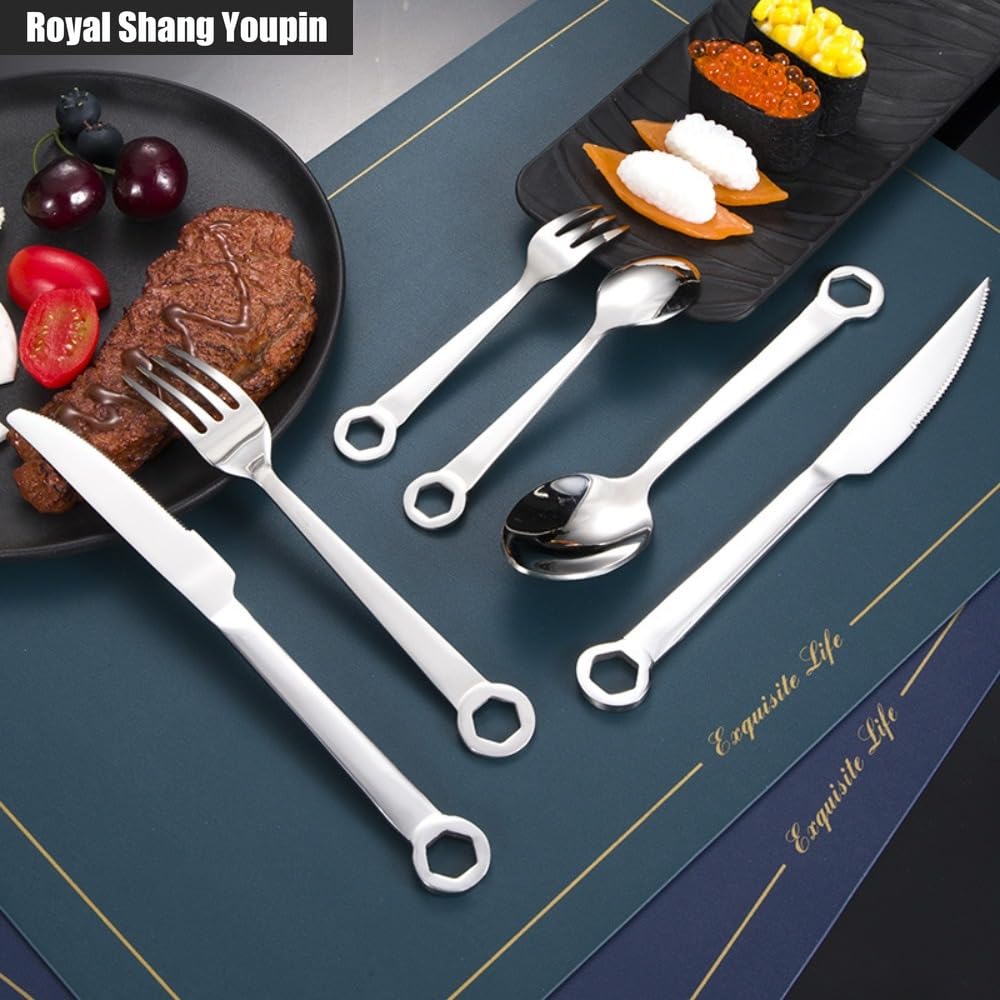Unico Manico Della Chiave Da Cucina in Acciaio Inox Argenteria Stoviglie Posate Set Di Bistecca Coltello Forchetta Cucchiaio Cucchiaino Tè (A,24 pezzi)
