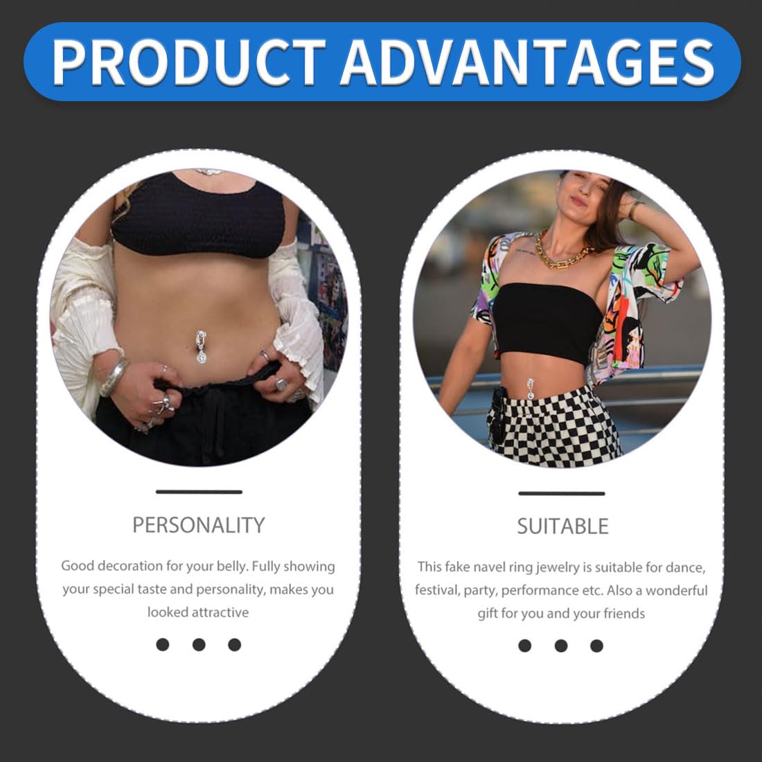 3 Faux Piercings Nombril - Forme Cœur, Papillon Et Démon - Acier Chirurgical - Argent