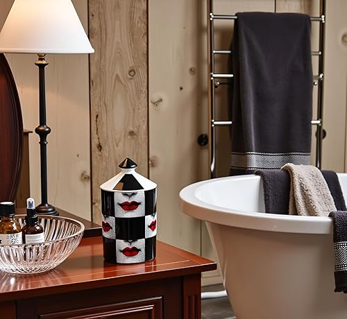 Miniatura 5 de AlphaDesignLuxe Portavelas de cerámica para decoración del hogar, velas de aromaterapia, diseño lujoso, grande, 12 onzas (labios rojos, cuadrados