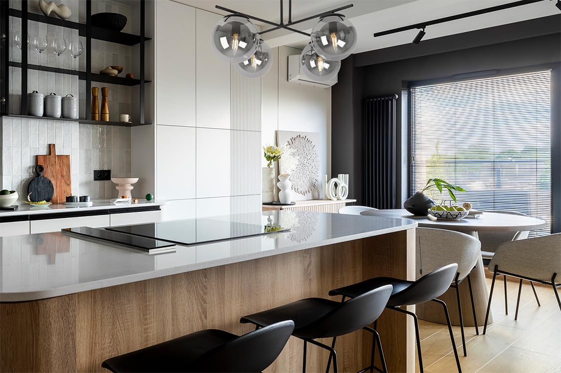 Light-Home Modena wiszący żyrandol - Nowoczesna lampa na sufit - oprawa do sypialni salonu i kuchni w stylu loft nowoczesny - metal i klosz szkło mleczne - E14 z 4 punktami światła - czarny
