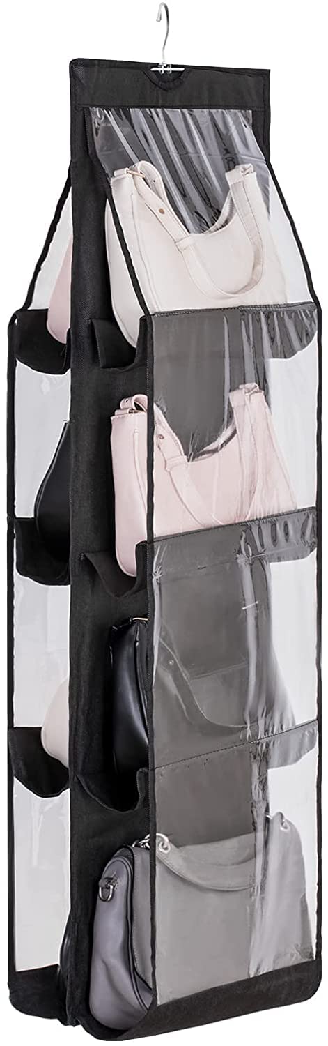 MouJkmer Hanging Purse Organizer, 8 Pocket Handbag Hanging Purse Organizer with 360 Degree Swivel Hook for Home Closet, Bedroom Closet, 43.3” L x 13.38” W (Black,1Pcs) (Black-2)-image-39