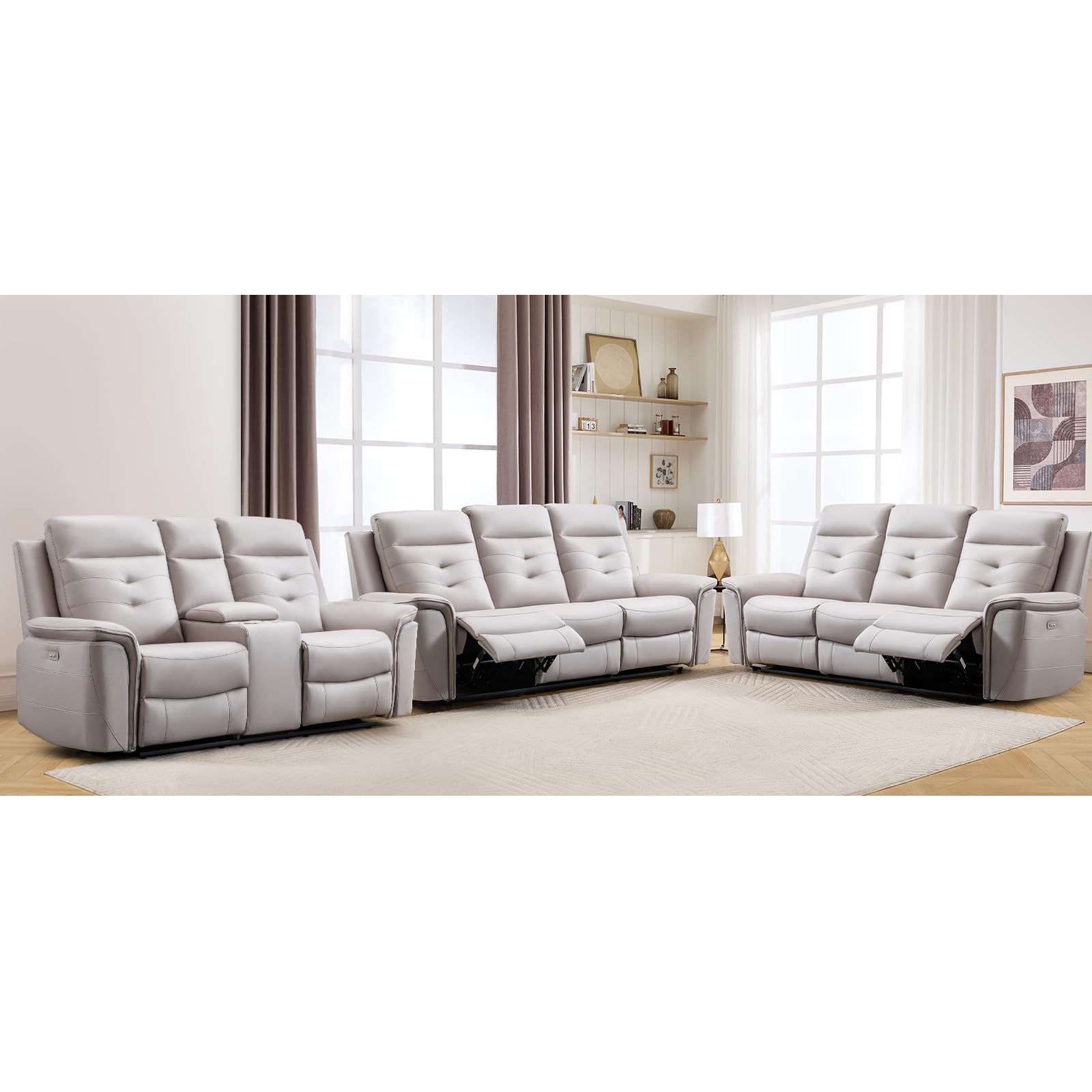 ANJ 3-Piece Faux Leather Power Recliner Sofa Set with USB Charging Ports, Include Loveseat Sofa with Hidden Storage &amp; Cup Holders and 2 3-Seater Reclining Couches for Living Room, Beige