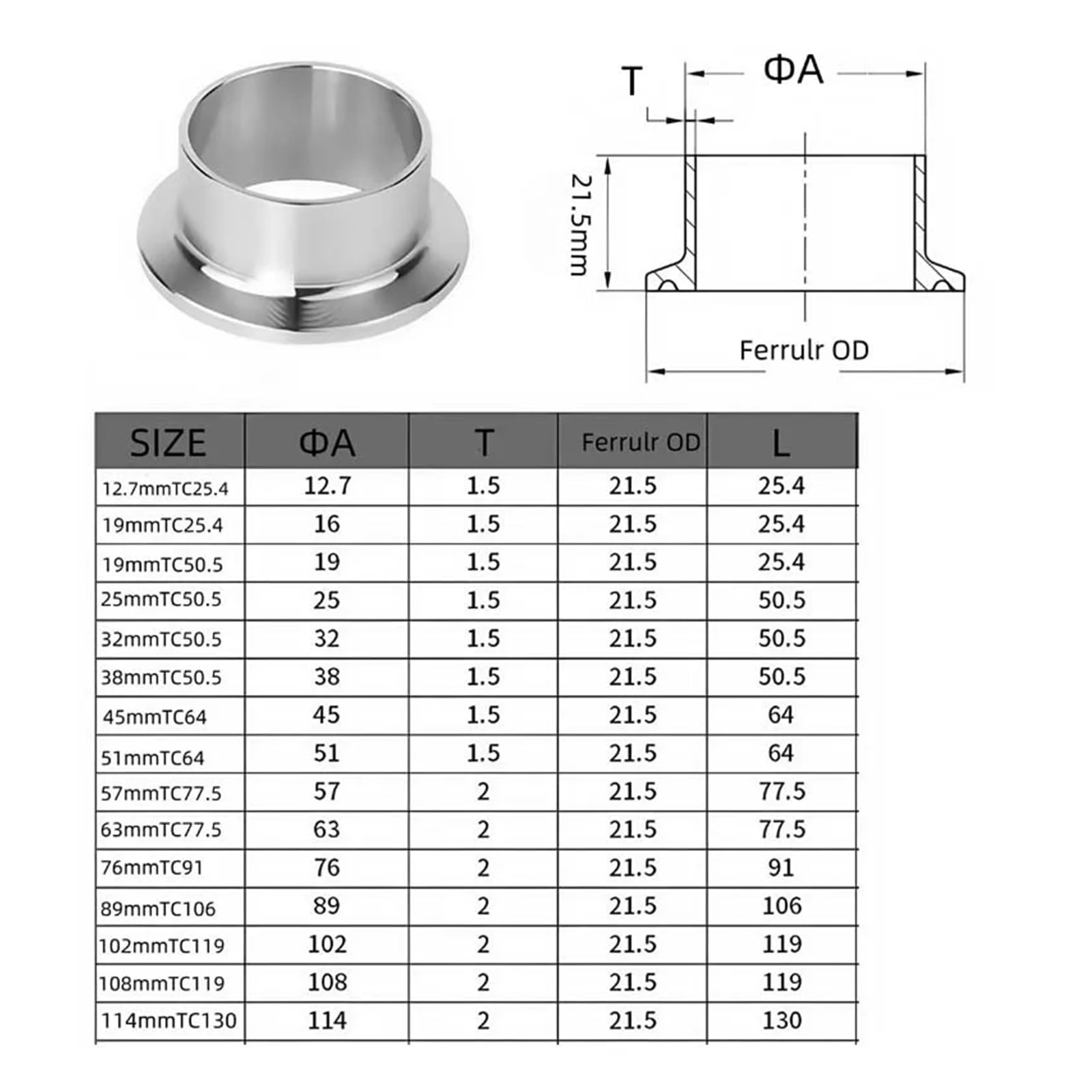 Morsetto in acciaio inossidabile 12,7-108 mm 0,5 "0,75" 1 "2" 3 "4", flangia con ghiera di saldatura di montaggio(219mm Ferrule233)