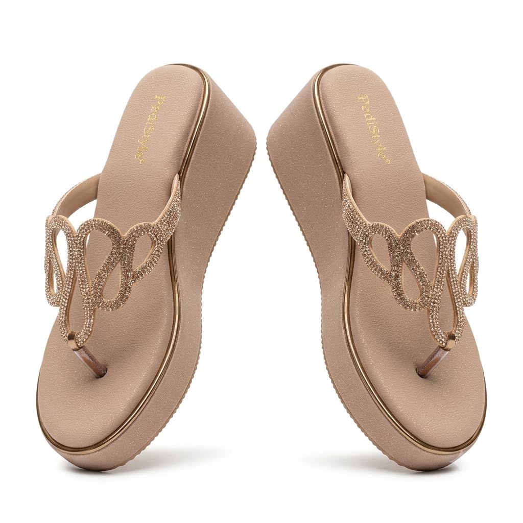 Women's Wedge Heel Toe Post Sandals | Rhinestone Embellished Platform Flip Flops | Lightweight Cushioned Slip-On Comfort Slippers for Casual, Party & Daily Wear-image-17