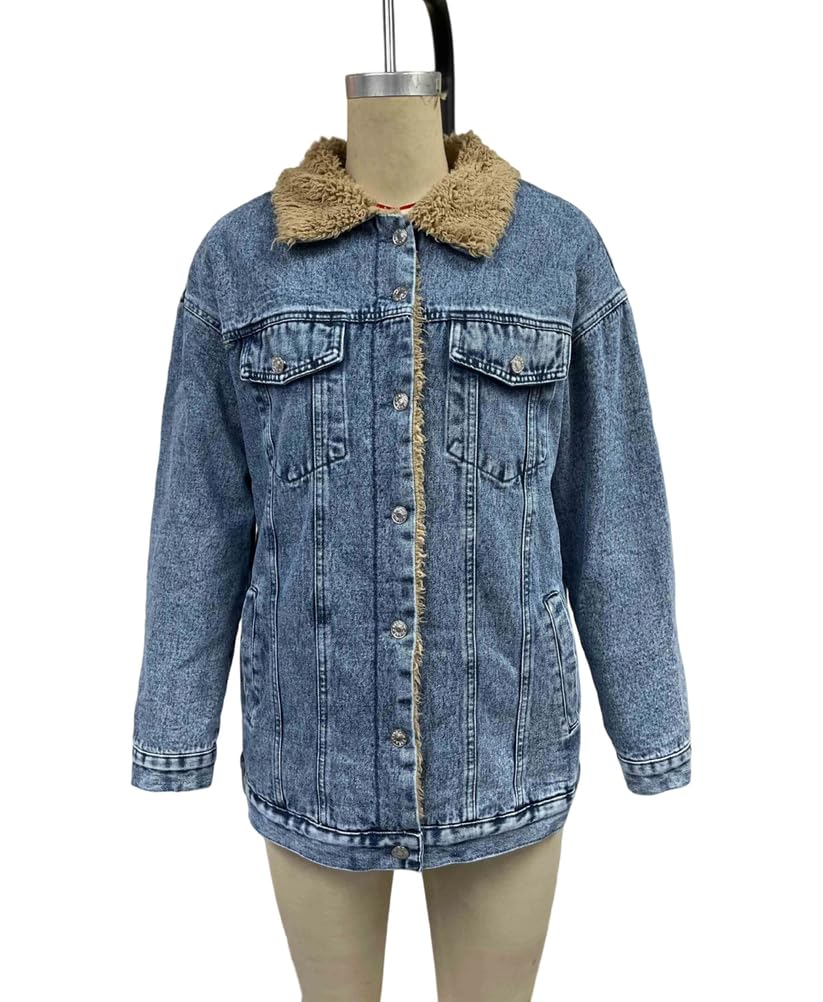 Damska kurtka Sherpa Trucker Kołnierz ze sztucznego futra Guzik w dół Luźny chłopak Jean Coat