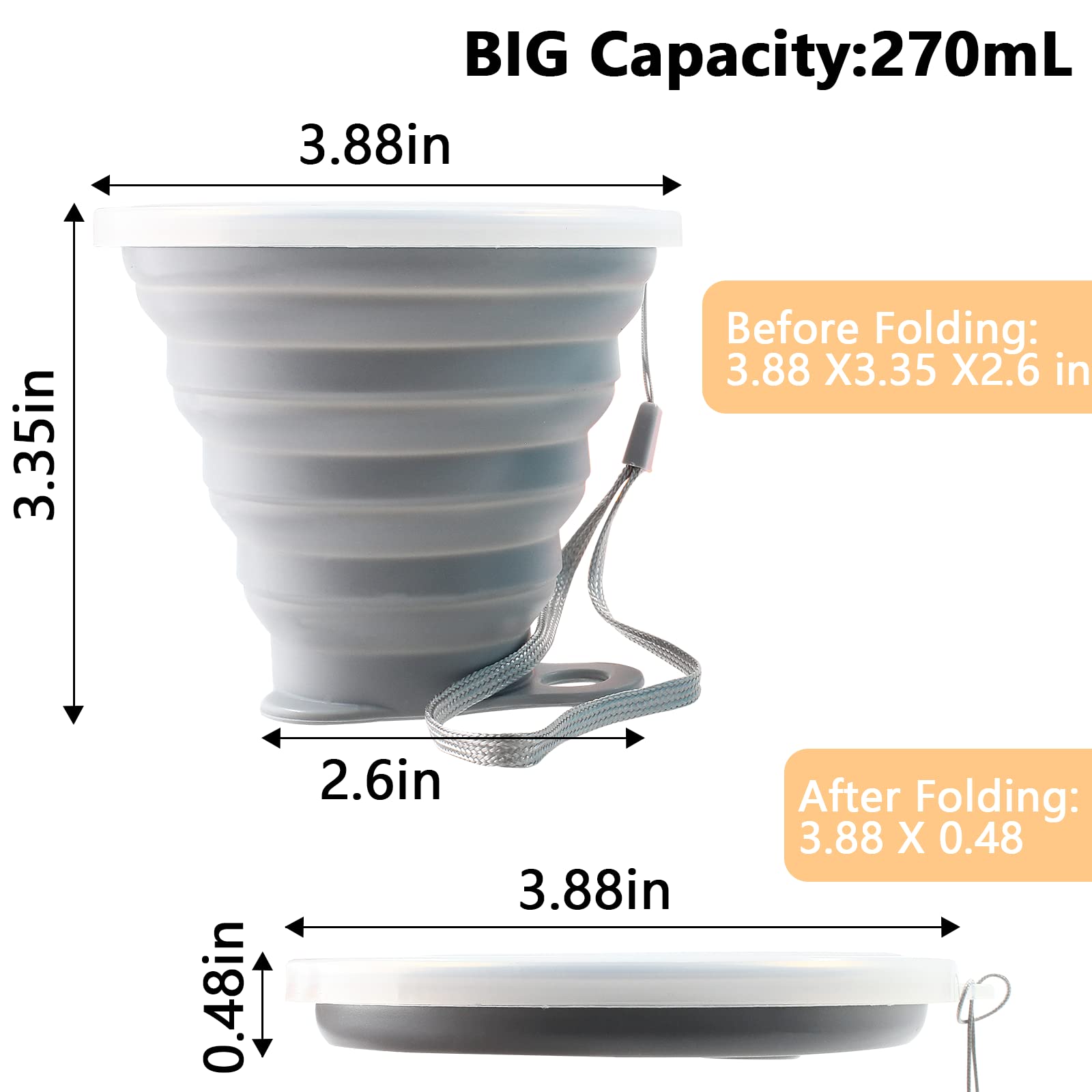 Litoexpe 2 Pack Silicone Collapsible Travel Cup Portable Folding Camping Cup Sets with Lids, Grey & Blue