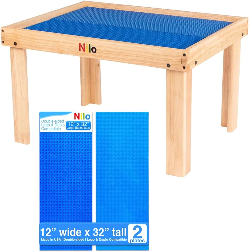 NILOKids Multi-Purpose Blue Activity Table Set, Plus 2 Compatible Double-Sided Blue Baseplate for Small & Large Bricks