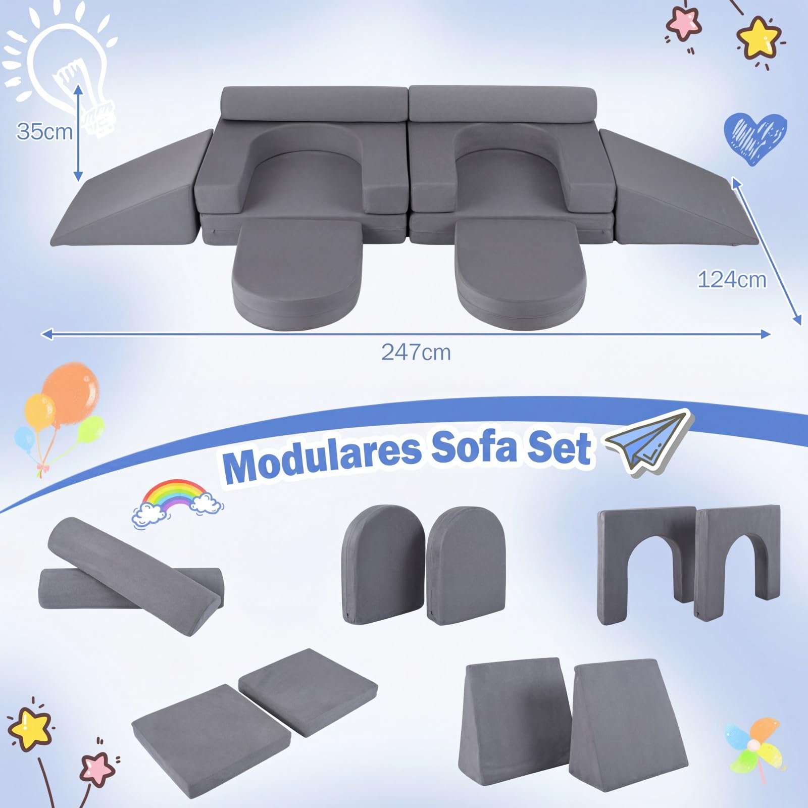 COSTWAY 10-częściowa modułowa sofa do zabawy, rozkładana sofa dziecięca ze zdejmowaną i nadającą się do prania poszewką z zamszu, piankowe klocki do pokoju dziecięcego, kanapa dla dzieci od 3 lat