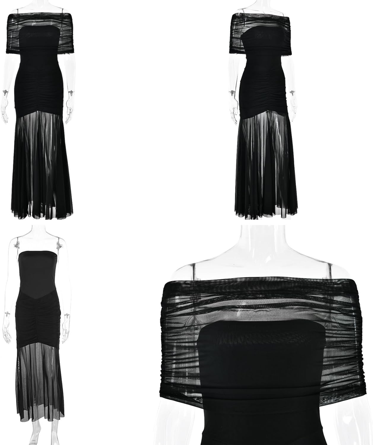 ZGMYC Women's Sexy Sheer Mesh Off Shoulder Maxi Dress Elegant Ruched Flowy Bodycon Long Dress Party Vacation Dresses - Image 6