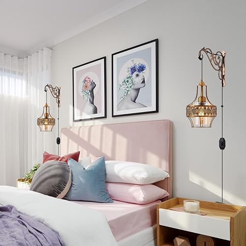 Miniatura 2 de Juego de dos apliques de pared enchufables, apliques de pared de bronce, lámpara de pared regulable con enchufe de 8 pies de cable de interruptor de