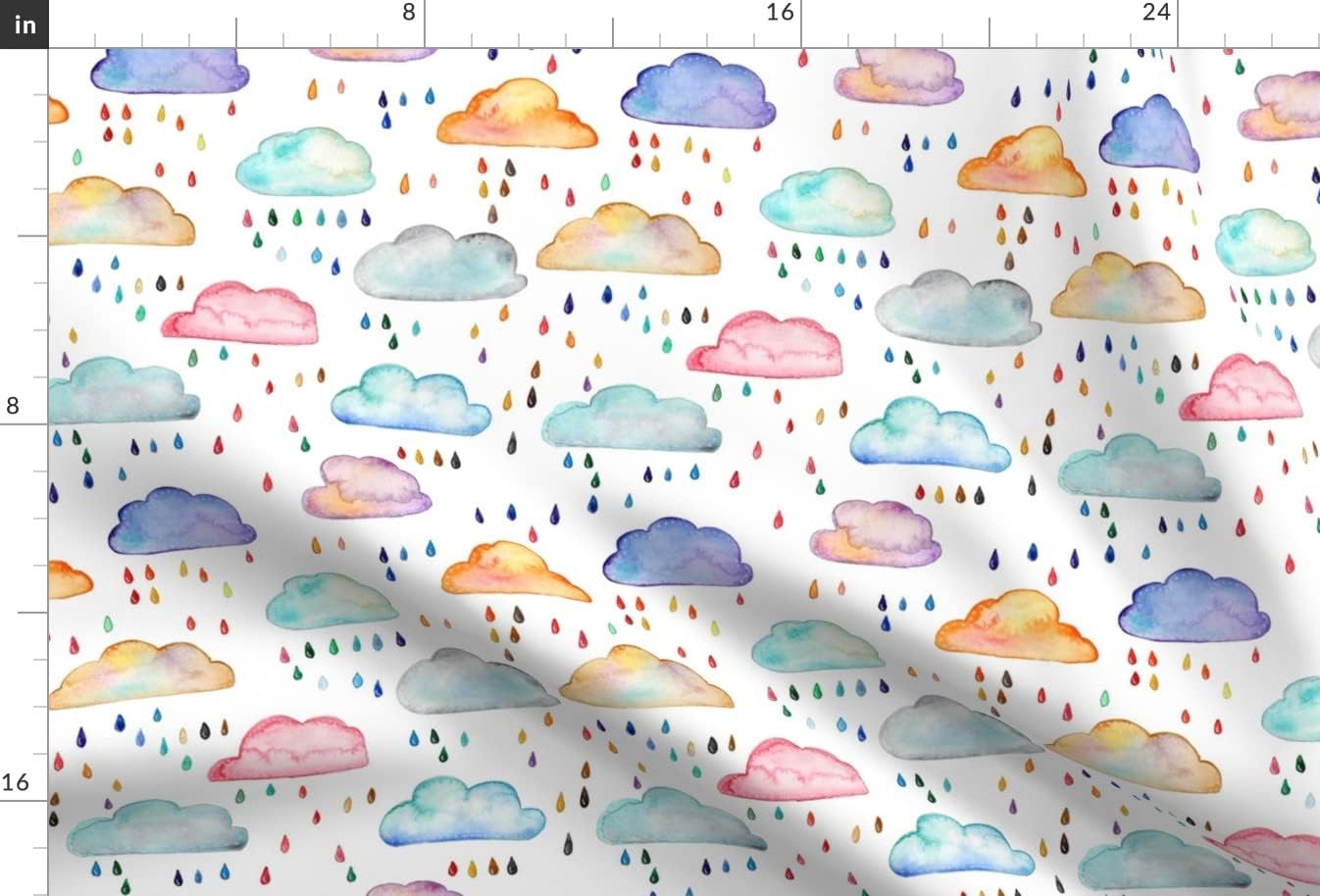 Spoonflower Fabric - Watercolor Clouds Rain Raindrops Rainbow Printed on Upholstery Velvet Fabric Fat Quarter - Upholstery Home Decor Bottomweight Apparel