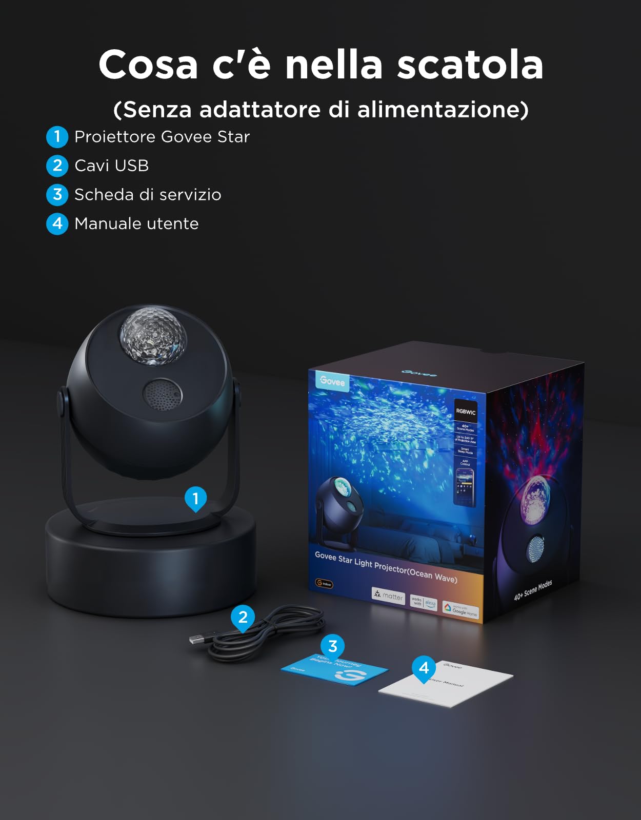 Govee Proiettore Stelle Soffitto di Onde Oceaniche con Effetti Dinamici, Compatibile con Matter e Alexa, oltre 40 Modalità Scena, 18 Opzioni di Rumore Bianco, per Camera da Letto(senza Adattatore)