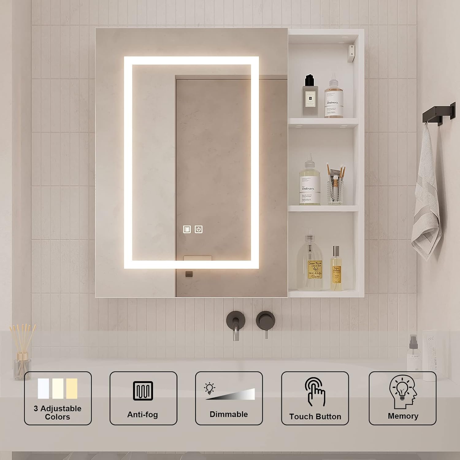Medicine Cabinets with Light,LED Bathroom Mirror Cabinet with Storage,Mirrored Lighted Medicine Cabinet Wall Mounted,Medicine Cabinets for Bathroom,Botiquin para Baño con Espejo,28X28inch