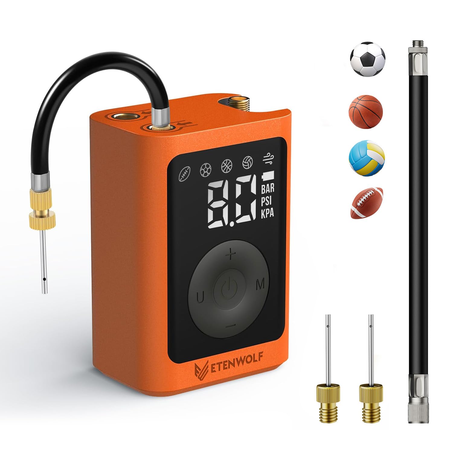 ETENWOLF Elektrische Ballpumpe,Tragbare Luftpumpe Aufblas und Abpumpfunktion 0,14-1,17 Bar,Basketballpumpe mit präzisem Manometer, Wiederaufladbare Luftpumpe für Bälle, ballpumpe fußball (Orange)