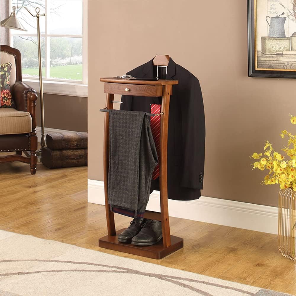 Wooden Valet Stand with Drawer, Suit Hanger, Tie Bar and Shoe Storage, Walnut Finish
