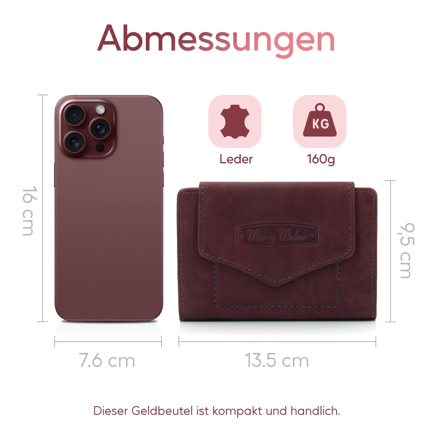 ekavale Geldbörse für Damen mit Druckknopf-Überschlag RFID weiches Leder (Bordo)