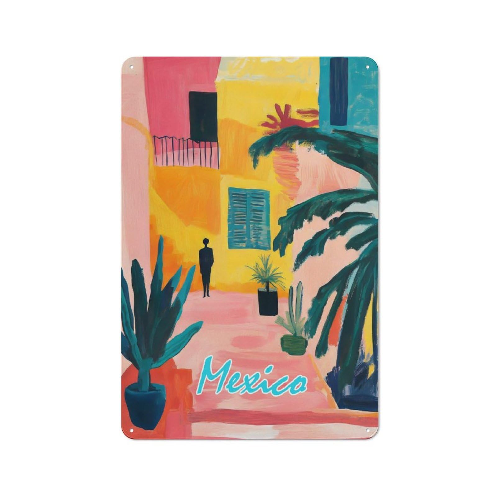 Junmoney Style-8 Metal Sign 30X20cm With Mexico Courtyard Painting For Workshop Wall, Vintage Decor, For Vintage Wall Decor Fans, For Metal Sign Collectors