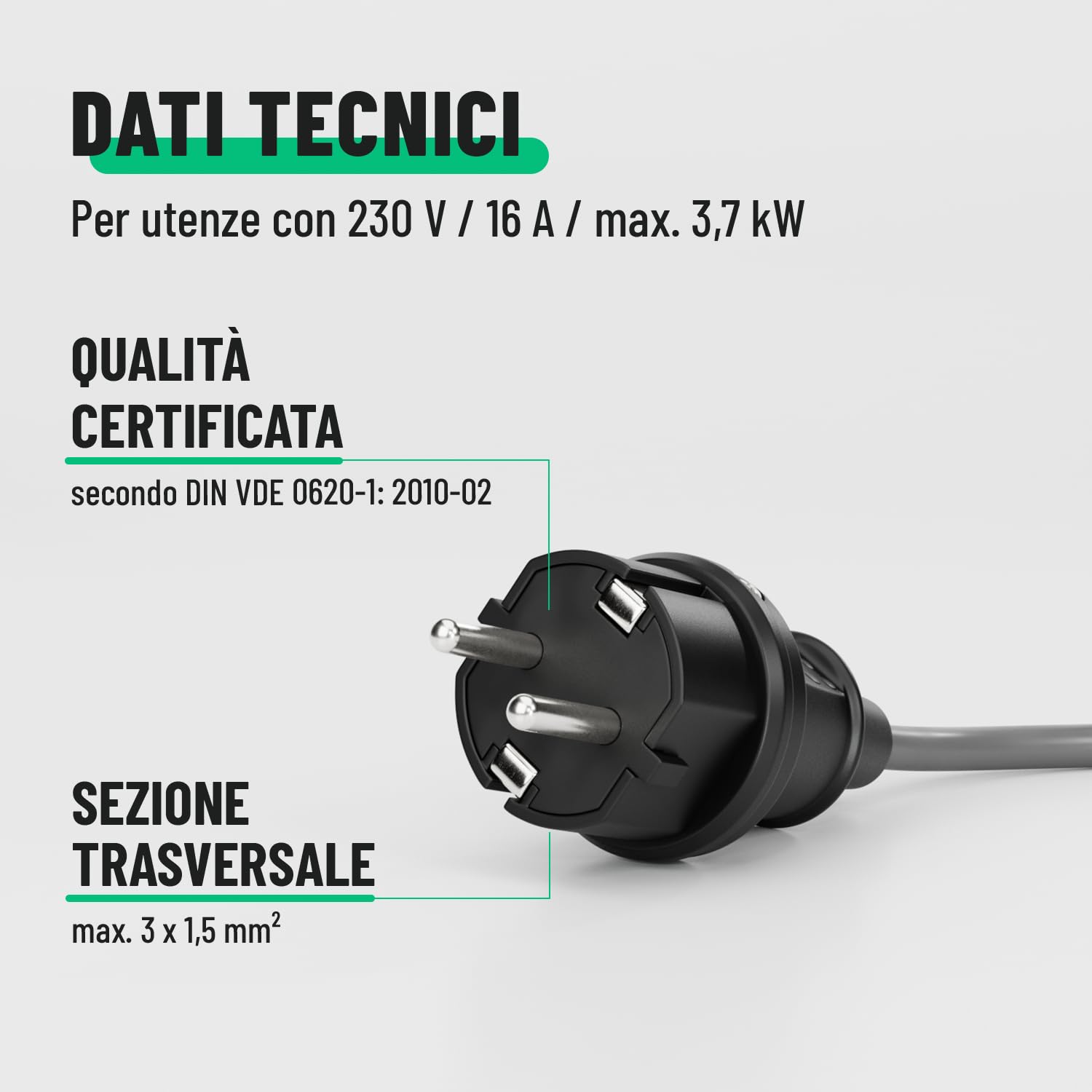greate Spina di contatto di messa a terra, accoppiamento - Spina di contatto di messa a terra in gomma - Accoppiamento con protezione antipiega, 2 poli, 250V, 16A, 3,7kW, IP44