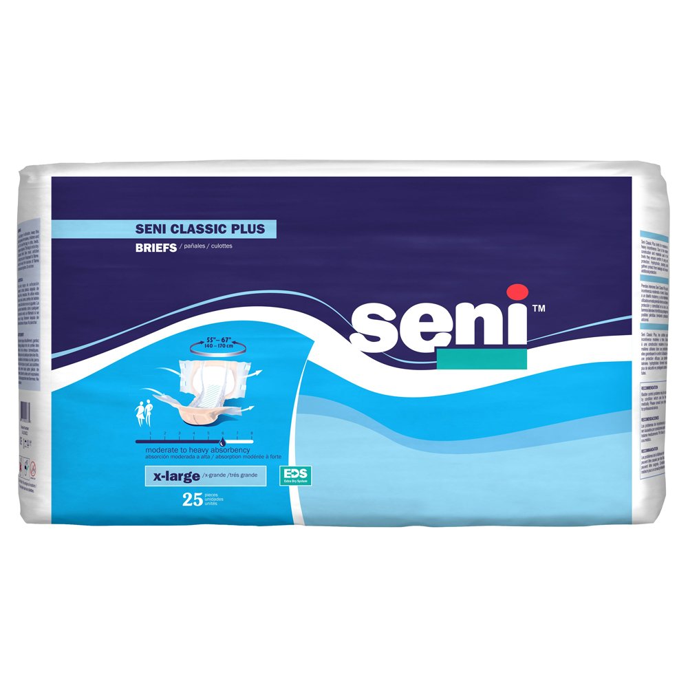 Seni Classic Plus Unisex Adult Incontinence Briefs with Tabs, Size XL (55"-67"), 25 Count (1 Pack of 25), Moderate to Heavy Absorbency, Breathable, Disposable Brief for Men & Women