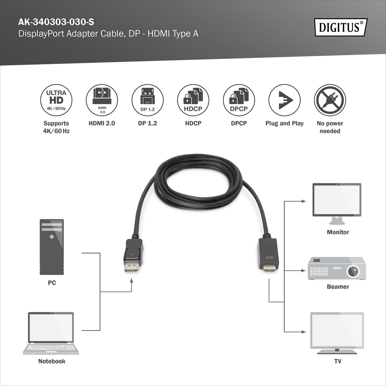 DIGITUS Displayport Adapter Cable, DP - HDMI Type A M/M, 3.0m, w/Lock, DP 1.2_HDMI2.0, 4K/60Hz, CE, Black