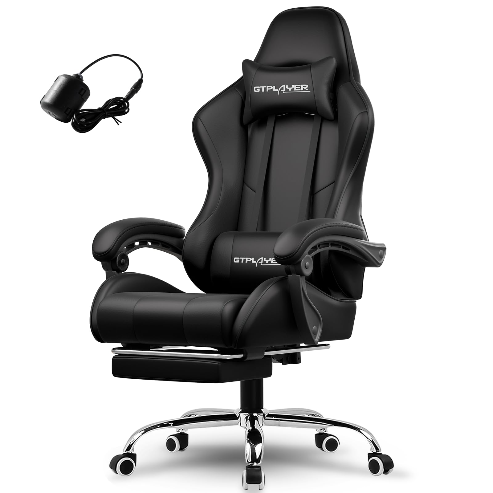 GTPLAYER Gaming Chair, Computer Chair with Footrest and Lumbar Support, Height Adjustable Game Chair with 360°-Swivel Seat and Headrest and for Office or Gaming (Faux Leather, Black)