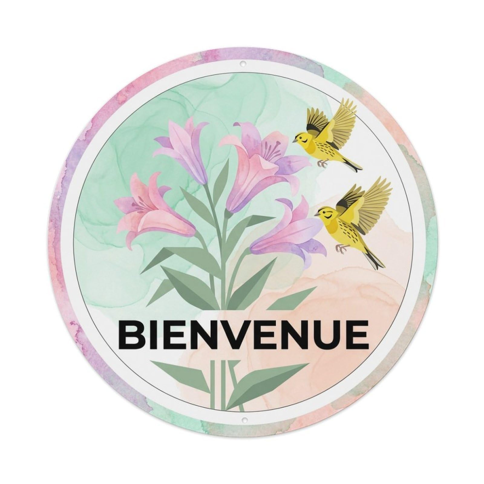 Watercolor Bird Slogan Bienvenue Lily Bouquet Metal Tin Sign