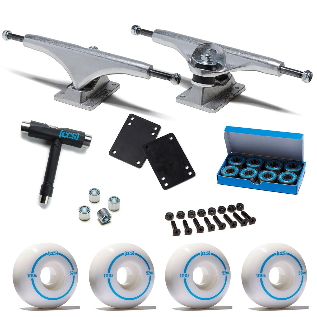 [CCS] Skateboard Assembly Kit | Professional Grade | Set of 2 Trucks | 100A Wheels | ABEC 7 Bearings | 1" Mounting Hardware | 1/8" Riser Pads | Bearing Spacers