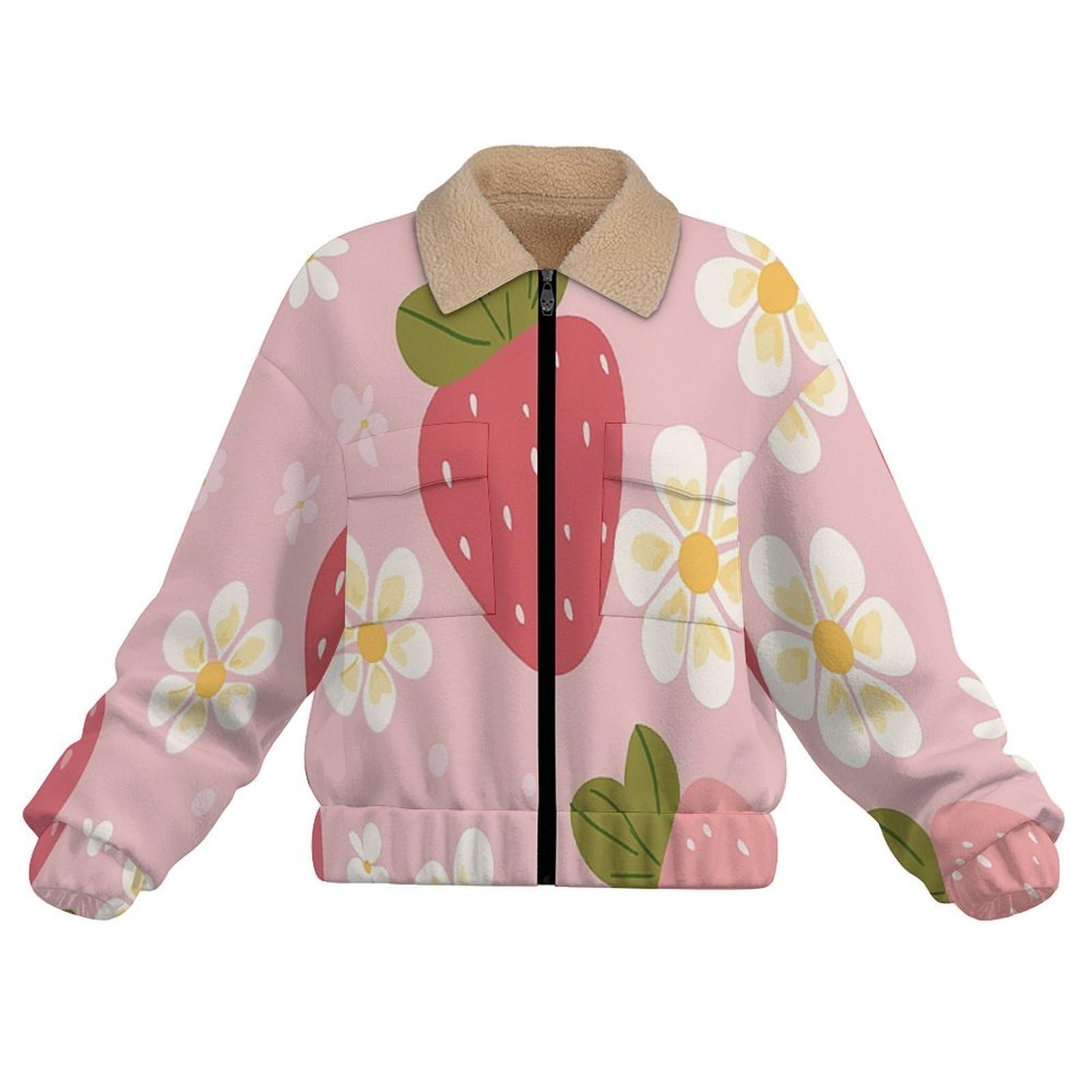 Donna Pile Stampa geometria Caldo con Cerniera, Giacca da Camera Invernale Corta Pile Giacche, Fiori fragola Cappotto In Peluche Sherpa Giubbotto Fleece Comoda