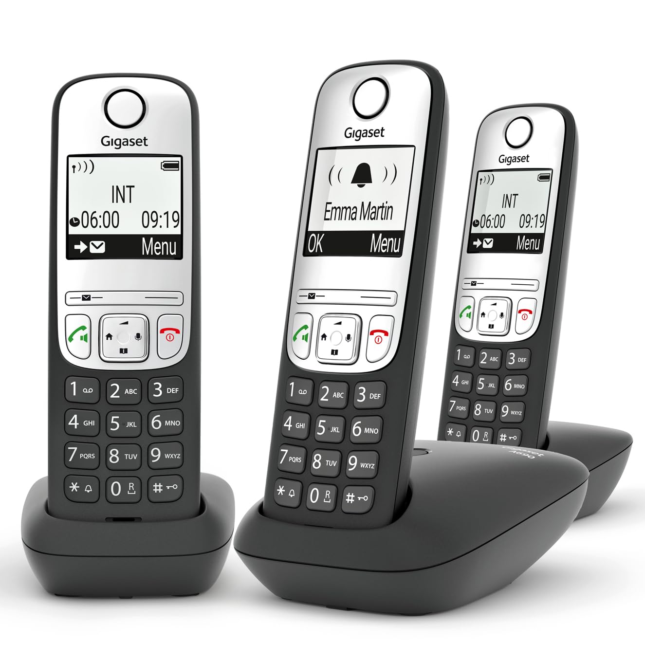 Gigaset A690 Trio - Tres Teléfonos DECT Inalámbrico - Pantalla Gráfica en Blanco y Negro Iluminada - Gran Autonomia, Negro [Versión Española]