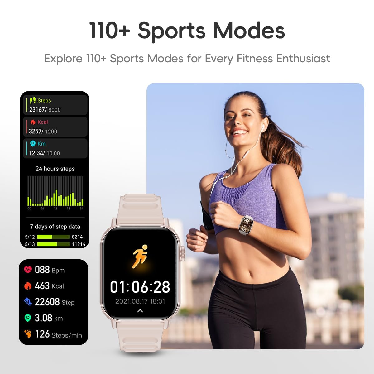 Reloj inteligente deportivo podómetro rastreador de fitness Bluetooth llamada frecuencia cardíaca/oxígeno en sangre/monitor de sueño, 100 modos deportivos impermeable para iOS Android reloj