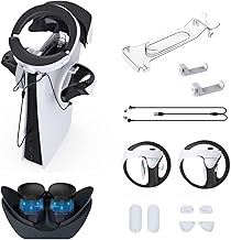 PSVR2 Stand Accessories Set with PSVR 2 Lens Protector Cover,Dual Controller Charger Cable,Silicone Pad Kit for Playstation VR2 Sense Controller,Anti-Slip,Enhance The Sense of Control,White