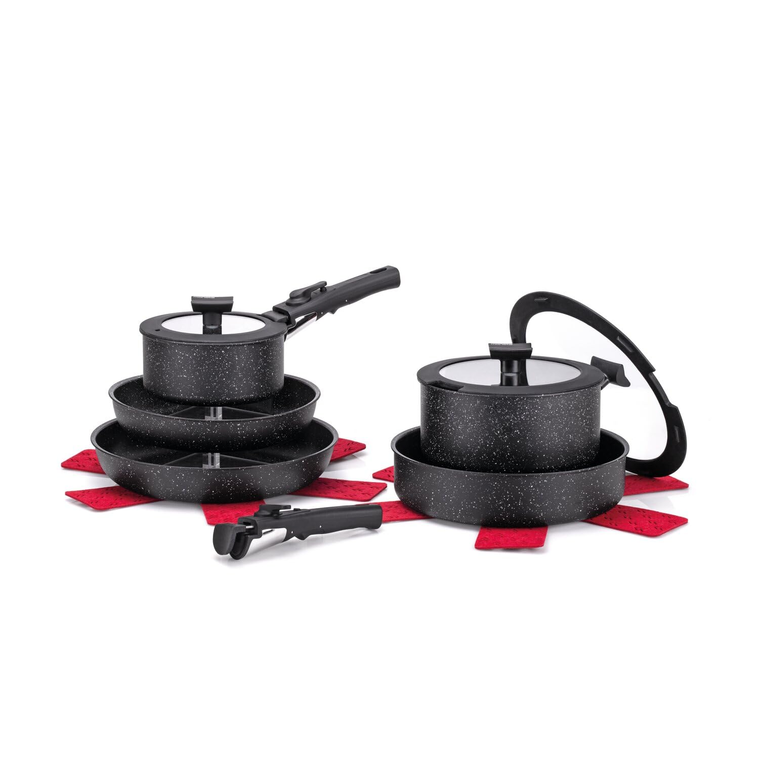 Moneta Magnolia Minispace Set Pentole Induzione 8 Pezzi con Manici Removibili, Padelle Antiaderenti 24 28 cm Skillet 26 cm Casseruole 16 20 cm Coperchi Vetro e Protezioni in Feltro
