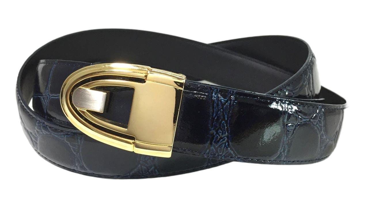 EDNA Bonded Leather Crocodile Skin Print Dress Belt Navy Blue