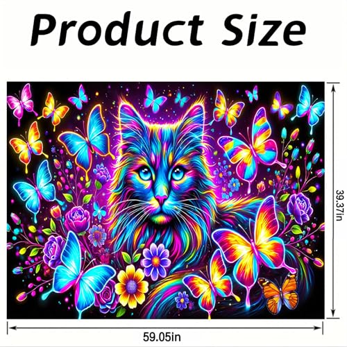 Image of Nuxovilar Neon Cat Butterfly Wall Tapestry Polyester 78.74x59.05 In | Glow Poster Trippy Art Feline Decor UV Wall Hanging Game Room Dorm Themed Space (Cat Butterfly Floral Design)