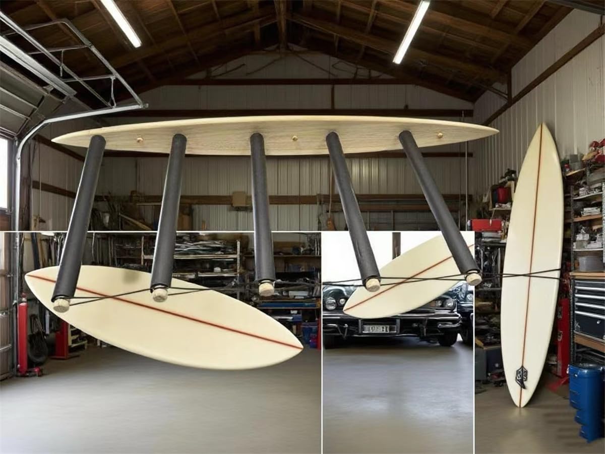 Soporte vertical para tabla de surf - Madera dura duradera con alfombra de goma, 6 brazos (5 a 6 tablas), soporte de surf para pared, almacenamiento de tablas de surf, wakeboard, tabla de